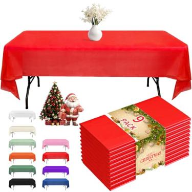 Imagem de Fixwal Pacote com 9 toalhas de mesa de plástico descartáveis, 137 x 272 cm, festa, piquenique, casamento, toalhas de mesa decorativas, retângulo, capa de plástico vermelha, à prova de vazamento e