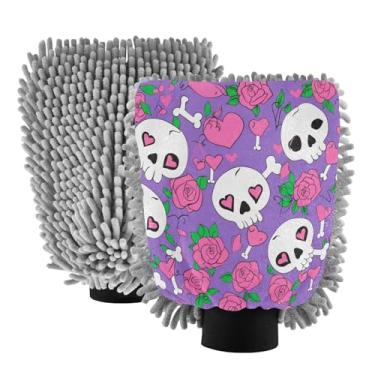 Imagem de STAYTOP Luvas de lavagem de carro de caveira e rosa, 2 peças, luvas de microfibra de chenille, sem arranhões, panos de esponja de lavagem ultra absorventes para carros, limpeza doméstica - G
