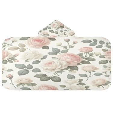 Imagem de Burbuja Toalha de banho com capuz de rosas românticas para crianças, toalha de praia de pelúcia macia absorvente para meninas e meninos 3-10 anos, 61 x 127 cm