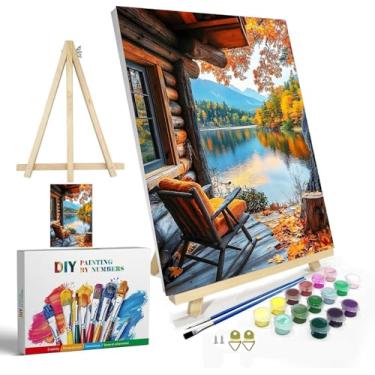 Imagem de igoodom Kit de pintura de paisagem por números para adultos com moldura e cavalete, pintura acrílica DIY de 20 x 30 cm em tela com caixa, conjunto de pintura de casa do lago por números para decoração