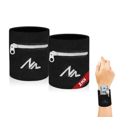 Imagem de NEWZILL Pulseira carteira de pulso com zíper – faixas de suor de algodão para homens e mulheres, ideal para esportes, corrida, caminhada, basquete, futebol, tênis, caminhadas, treino, preto/branco