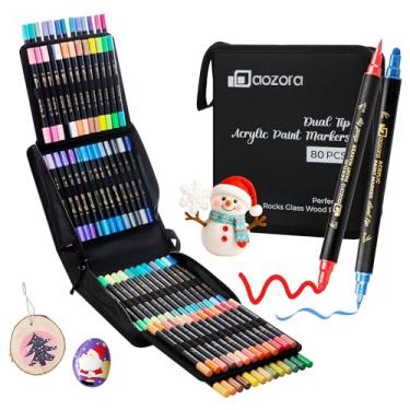 Imagem de Marcadores de tinta acrílica, 80 cores, ponta dupla, com ponta de ponto e ponta de pincel, conjunto de marcadores de acrílico para pedra, madeira, caligrafia, tela, cerâmica, metal, vidro, pintura