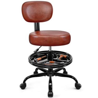 Imagem de Banco de loja com rodas para garagem, cadeira de rodinhas mecânica com encosto, banco de garagem resistente de altura ajustável com apoio para os pés e bandeja de armazenamento, cadeira giratória para