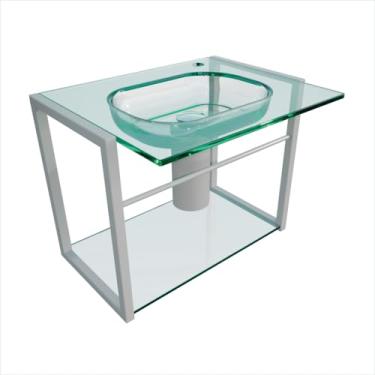 Imagem de Lavabo Cris Alumi com Cuba de Vidro Verde, Estrutura em Alumínio Silver, 585mm, Tampo de Vidro Lapidado, Válvula Cromada Exclusiva - Cris Metal