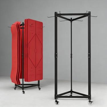 Imagem de YTLEMON Suporte de tapete de ioga para pendurar, carrinho de tapete de ioga com rodinhas no chão, suporte de armazenamento de grande capacidade, com furador, prateleira de armazenamento de tubo