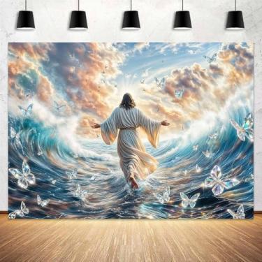Imagem de Pano de fundo de Páscoa de 3 x 2,4 m, Jesus andando na água, onda, borboleta, céu, nuvens, adoração cristã, fotografia de fundo para fotos religiosas, decoração de igreja, festa