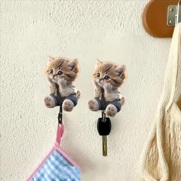Imagem de 2 peças de ganchos adesivos de acrílico para gatos fofos - cabides de parede autoadesivos para chaves, toalhas, máscaras | Organizador decorativo de gatinhos para entrada, banheiro, cozinha, berçário