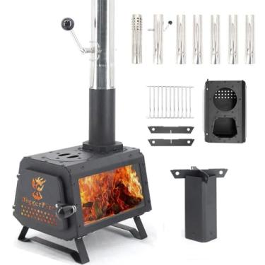 Imagem de Fogão de acampamento portátil a lenha, janela de vidro, 7 tubos de chaminé, suporte de panela em forma de X, aquecimento externo e cozinha (grande)