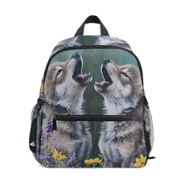 Imagem de GAIGEO Floral Wolf Cubs Howling Backpack for Toddler, 10x4x12 In, Backpack for Preschool Girl Includes Water Bottle Pockets, Whistle Clip for Safety