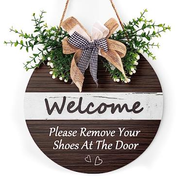 Imagem de Harooni Bem-Vindo, Tire Os Sapatos, Placa De Guirlanda Para Porta Da Frente, Leve A Porta, 30 Cm X Cm, Redonda E Engraçada, Madeira, Pendurada Com Laço Xadrez Búfalo, Varanda Quintal Casa