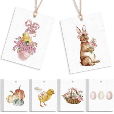 Imagem de Tenceur Conjunto de 50 etiquetas de presente de Páscoa vintage em aquarela com cordão de 5 x 7,6 cm, cesta de ovos de coelhinho rosa, 5 designs, crachá, cartão de lugar para cestas de Páscoa, sacos de