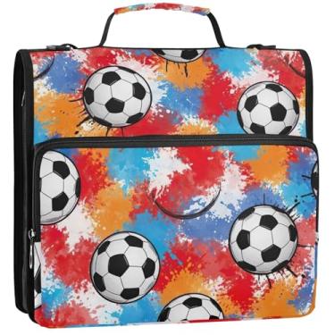Imagem de Bolas de futebol organizador de fichário com zíper com 3 anéis de 3,8 cm D bolsa escolar com alça de ombro para portfólio comporta 500 folhas, 34,5 x 31,5 x 9 cm