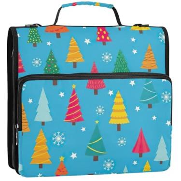 Imagem de Organizador de fichário azul com zíper para árvores de Natal 3 1/2 polegadas, 3 anéis, bolsa de fichário com alça para armazenamento escolar, estojo com alça 34,5 x 31,5 x 9 cm
