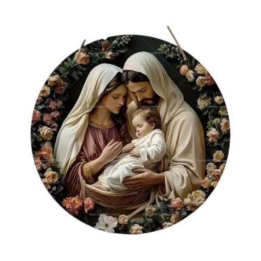 Imagem de Placa De Presépio De Madeira Com a Virgem Maria, Jesus E José Para Dec