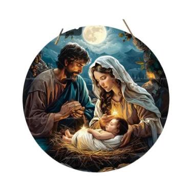 Imagem de Placa De Presépio De Madeira Com a Virgem Maria, Jesus E José Para Dec