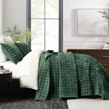 Imagem de Grassix Conjunto de colcha de veludo de luxo, tamanho Queen, 3 peças, edredom leve de veludo com fronhas, colcha acolchoada geométrica para todas as estações, verde escuro, 228 x 244 cm