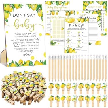 Imagem de Patelai 321 peças A Little Lemon Is On The Way Baby Shower Game Supplies Inclui 250 cartões de atividades, 20 lápis, 1 placa de bebê Don't Say 50 prendedores de roupa para decoração de festa de jogo