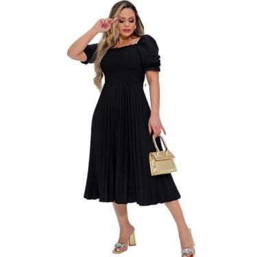 Imagem de Vestido Festa Midi Plissado Laço Manga Bufante Elegante - G-Store, Pre