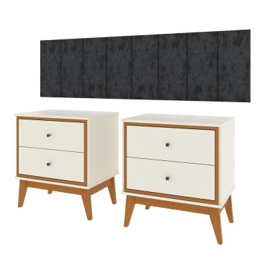 Imagem de Conjunto Quarto Queen Cabeceira Adesiva 1,60 e 2 Mesas de Cabeceira Arruna em MDP Pés em Madeira
