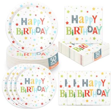 Imagem de CENLBJ 100 peças de pratos e guardanapos de feliz aniversário - pratos de papel de 22 cm e guardanapos de 16,5 polegadas - conjunto de talheres descartáveis para decorações de festa de aniversário
