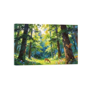 Imagem de Impressão em tela de paisagem de arte de parede - Animais da árvore da floresta da primavera - Imagens de pintura de decoração para sala de estar pronta para pendurar 40 x 60 cm 16 x 24 pol. Tela