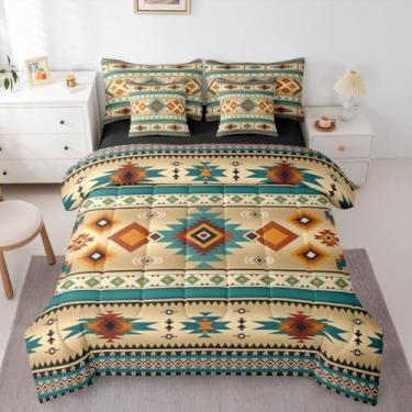Imagem de Erosebridal Conjunto de edredom caubói preto laranja azul asteca tamanho Queen 7 peças | Conjunto de cama tribal do sudoeste em uma bolsa, casa de fazenda, vaqueira, roupa de cama boêmia para adultos