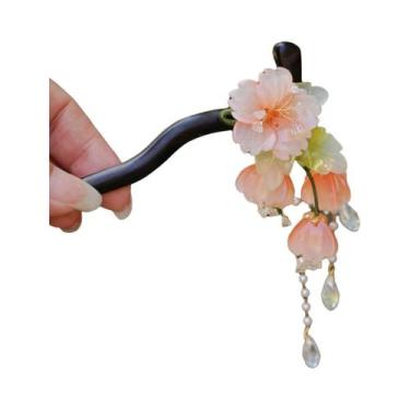 Imagem de Grampo De Cabelo Magnolia De Vidro Transparente Com Franjas De Madeira