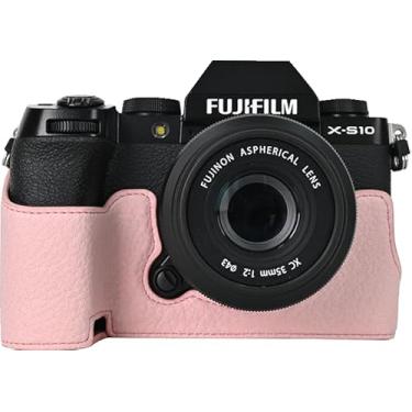 Imagem de Capa para X-S10, capa BMAOLLONGB feita à mão de couro liquei, meia câmera, versão com abertura inferior para Fujifilm X-S10 XS10 com alça de mão (rosa)