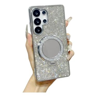 Imagem de Capa magnética espelhada com anel de diamante brilhante brilhante brilhante para Samsung, compatível com carregamento sem fio MagSafe (prata, Samsung Galaxy S23 Ultra)