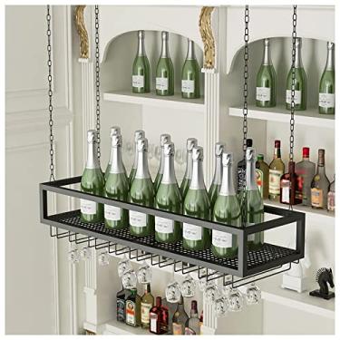 Imagem de Rack de teto para copos de vinho, rack de vinho suspenso com suporte de vidro e prateleira, suporte de garrafa de vinho industrial ajustável de 100 cm de altura, prateleira de teto de metal para bar