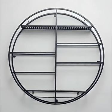 Imagem de Rack de vinho de metal industrial montado na parede, prateleiras redondas flutuantes, exibição criativa de garrafa de licor com suporte de vidro, organizador de vinho que economiza espaço (preto, 80 x