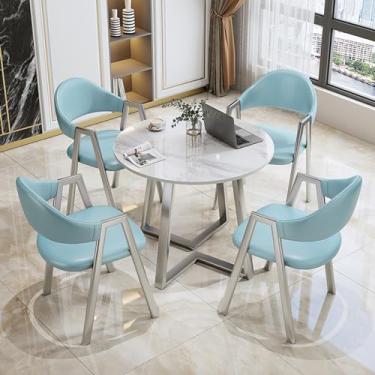 Imagem de Conjunto de mesa de negociação para sala de conferências, mesa redonda de recepção de escritório e conjunto de cadeira de sala de estar, mesa redonda de ardósia PU/algodão e linho conjunto de 5 peças