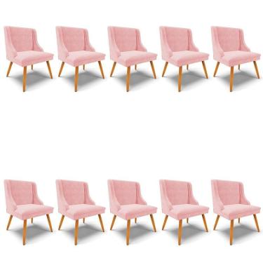 Imagem de Kit 10 Cadeiras De Jantar Liz Suede Rosa Bebê Pés Palito Castanho