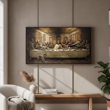 Imagem de Quadro com Moldura Tecido Canvas Santa Ceia Com Jesus 63x93cm