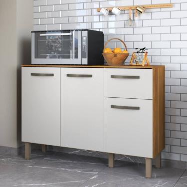 Imagem de Balcão para Cozinha com Tampo 120cm 3 Portas 1 Gaveta Mila Freijó/Off White