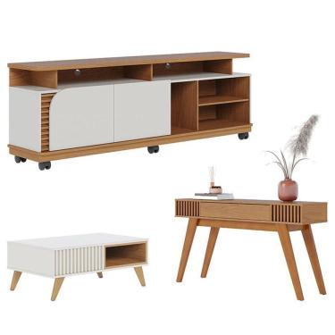 Imagem de Rack Bancada Jurerê 1.8 Freijó Off White Matte com Mesa de Centro Jeri Off White Freijó e Aparador Riviera Freijó – Colibri