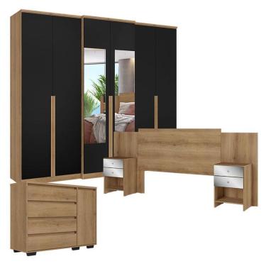 Imagem de Guarda Roupa Casal Valência 6 Portas Glass Capuccino Preto com Cômoda com Porta Aurora e Cabeceira Formosa Glass Capuccino - THB