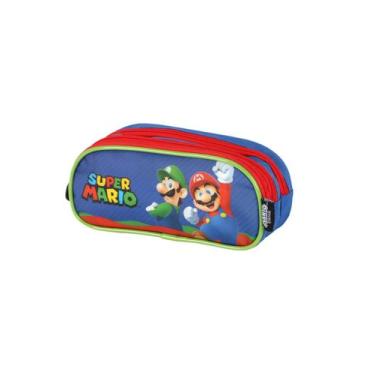 Imagem de Estojo Mario Bros Azul Infantil Escolar Porta Lápis Zíper - Luxcel