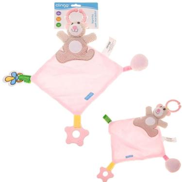 Imagem de Naninha com Mordedor e Prendedor de Chupeta Naninha Urso Rosa com Tecido Macio Lavável Rosa Clingo