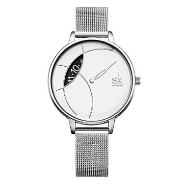 Imagem de SHENGKE Relógio feminino de aço inoxidável, alça de malha, movimento de quartzo japonês, relógios à prova d'água para mulheres Reloj de Mujer, K0091L01-White