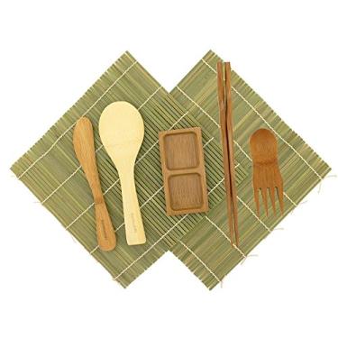 Imagem de (1 Set, Green Bonus) - BambooMN Sushi Making Kit - 2 Green Sushi Rolling Mats, Rice Paddle, Spreader, Chopsticks, Sushi Sauce Dish, and Free Spork - Deluxe Sushi Set