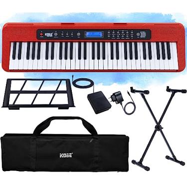 Imagem de Kit Teclado Musical Estudante Kobe KB-300 RD 5/8 Iniciante 61 Teclas com Sensibilidade ao Toque com Pedal Sustain, Capa e Suporte