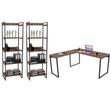 Imagem de Conjunto Escritório Estilo Industrial Mesa 150X150Cm E 2 Estantes 60Cm 5 Prateleiras C08 Nogal