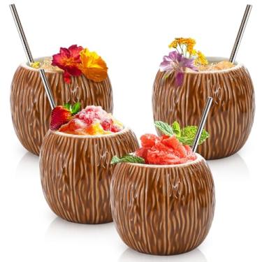 Imagem de ZENFUN Pacote com 4 canecas Tiki de cerâmica, caneca de coco de 500 ml, canecas de festa havaianas, copos de coquetel para presentes, copos de bebida Tiki para Mai Tai, Pina Colada, Tiki Bar