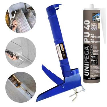 Imagem de Kit Aplicador De Silicone + Cola Selante Adesivo Pu 40 Preto 400g Unip