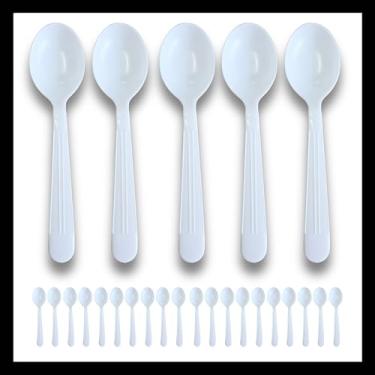 Imagem de Pokanic Colher de utensílios de plástico, embalagem individual, talheres a granel, talheres descartáveis, suprimentos de festa, colheres resistentes (50, branco - colher)