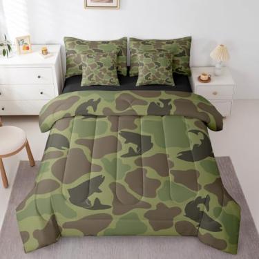 Imagem de Erosebridal Jogo de cama king size com tema de pesca e caça com tema de peixe lúcio grande, camuflado, caçador, camuflagem, animal de caça, com edredom vintage e decoração verde