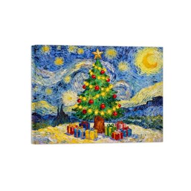 Imagem de Pinturas em tela Natal-Quadros Decoração de Parede-Árvore sinos tema noite estrelada-Inverno Paisagens Impressões para Sala de Estar 60x80cm Tela Embrulhada