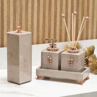 Imagem de KIT LAVABO COMPLETO EFEITO MÁRMORE COM PORTA ESCOVA DE DENTE BANDEJA 20X10 (ROSE COM ROSE)