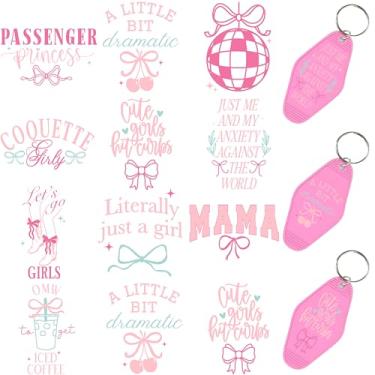 Imagem de 60 peças de papéis de transferência de chaveiro UV DTF - Decalques de vinil para chaves e etiquetas de bagagem, desenhos engraçados com revestimento resistente a arranhões, papéis de transferência